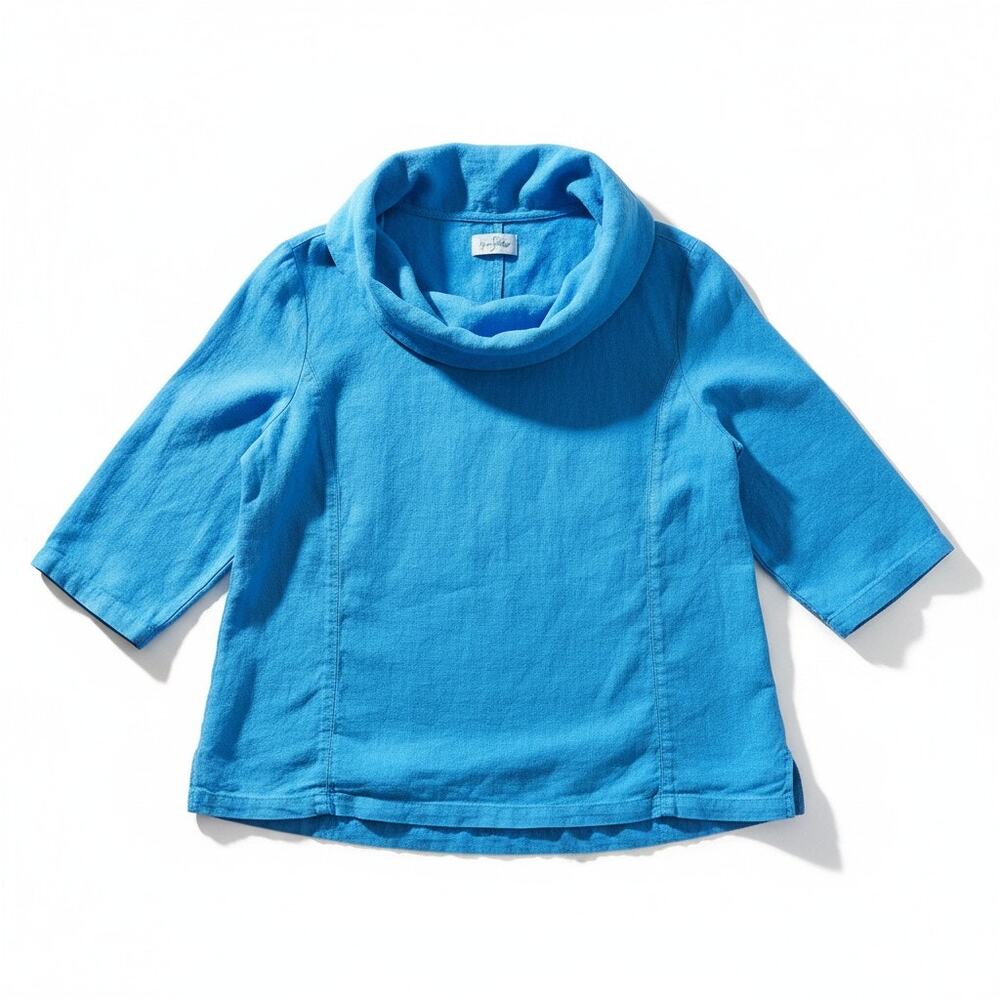 Mosaic USA Blue XL Blue Funnel Neck Linen Tunic Top Lagenlook Coastal Boho